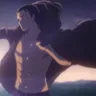 Eren's Attack Titan in a red-lit battle
