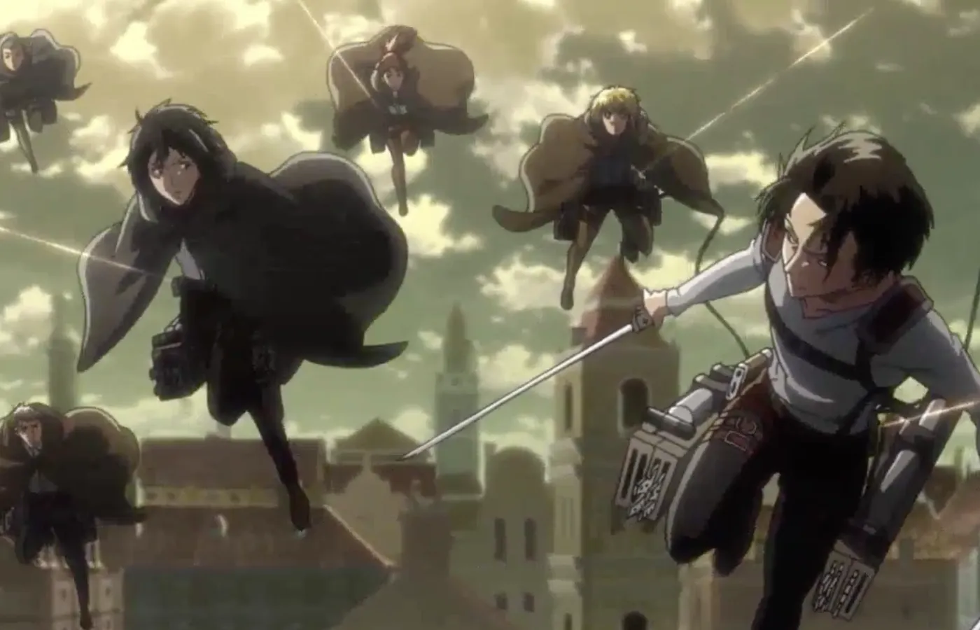 Survey Corps soldiers moving through a city, representing Armin's field of vision